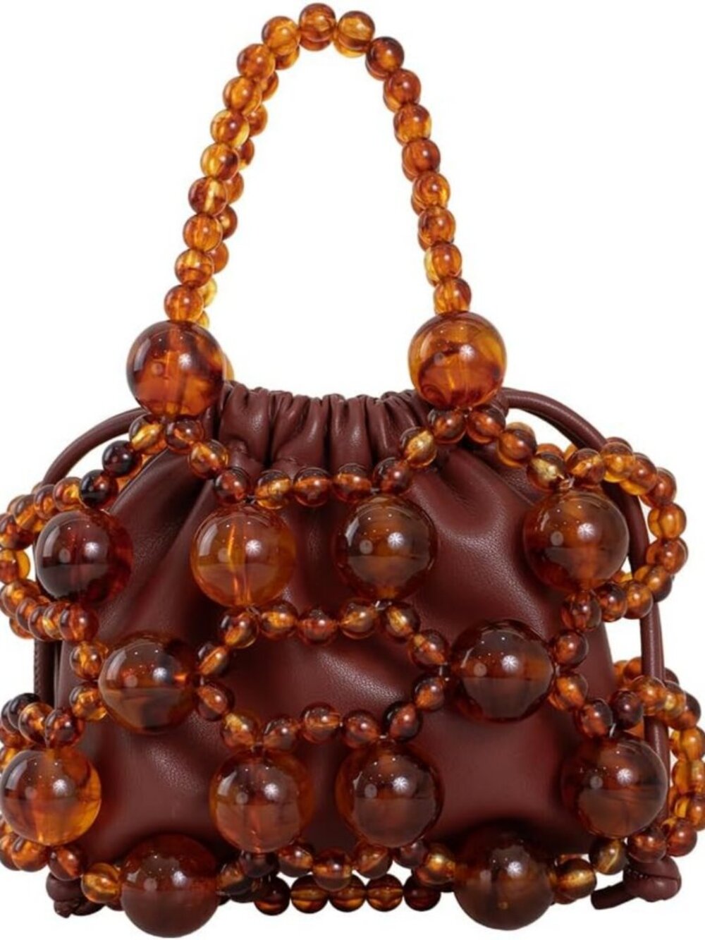 Bohemian Brown Leather Shoulder Bag with Amber Bead, Cute Crossbody Handbag